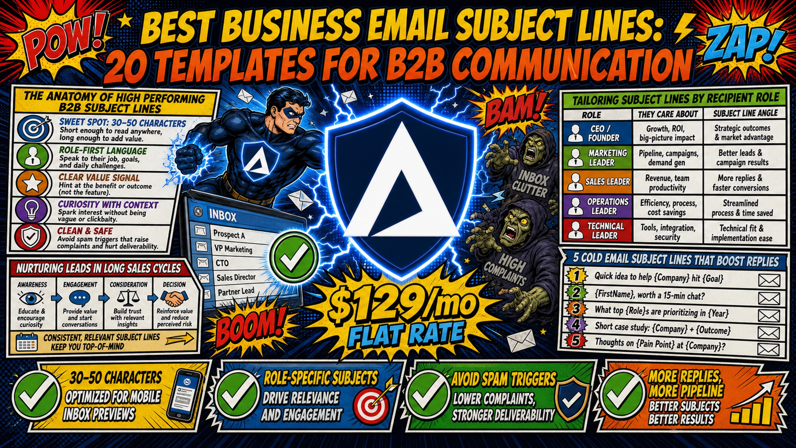Best business email subject lines: 20 templates for B2B communication Inframail comic infographic cover