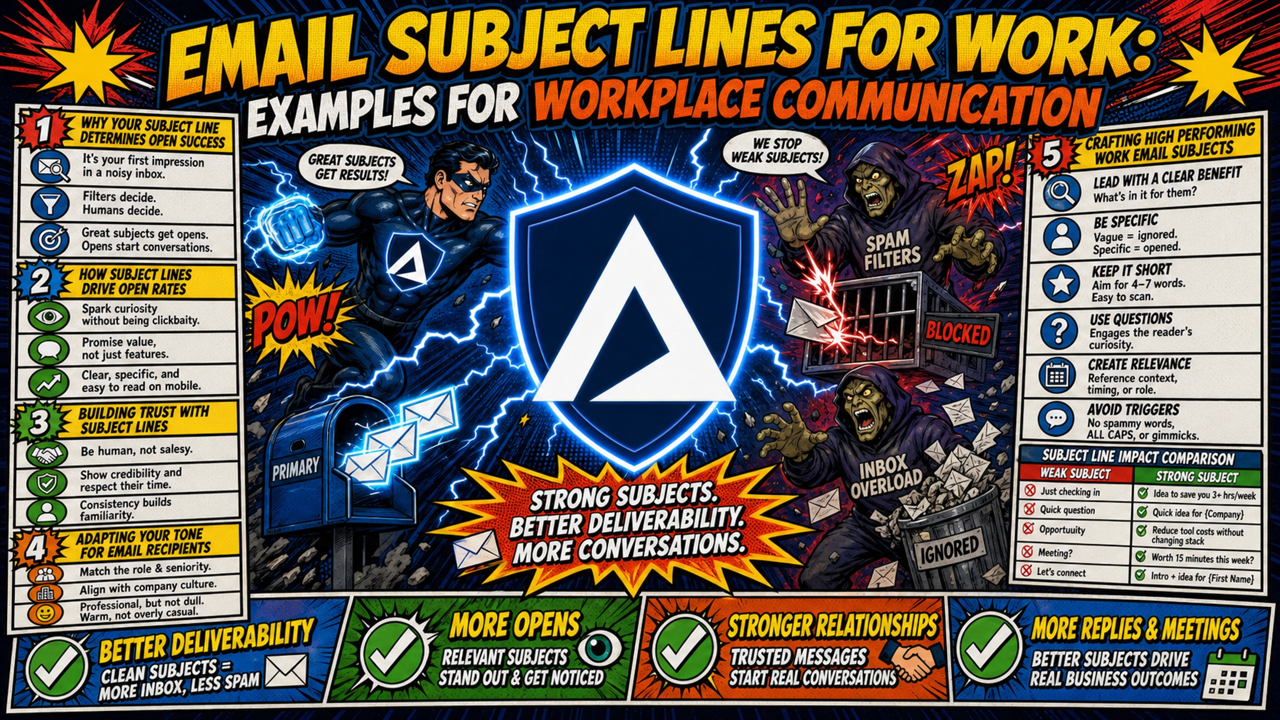 Email subject lines for work: examples for workplace communication Inframail comic infographic cover