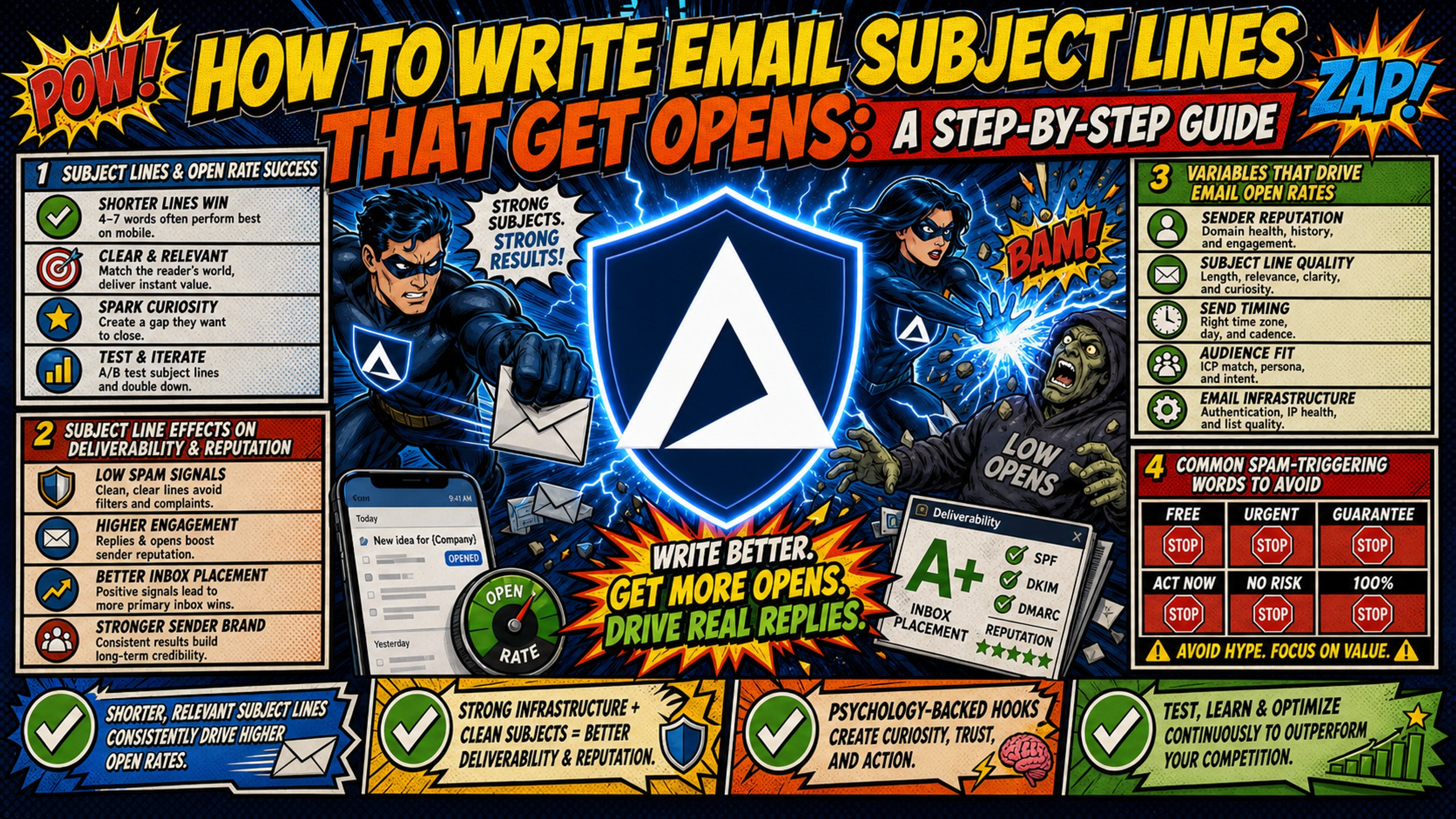 How to write email subject lines that get opens: a step-by-step guide Inframail comic infographic cover