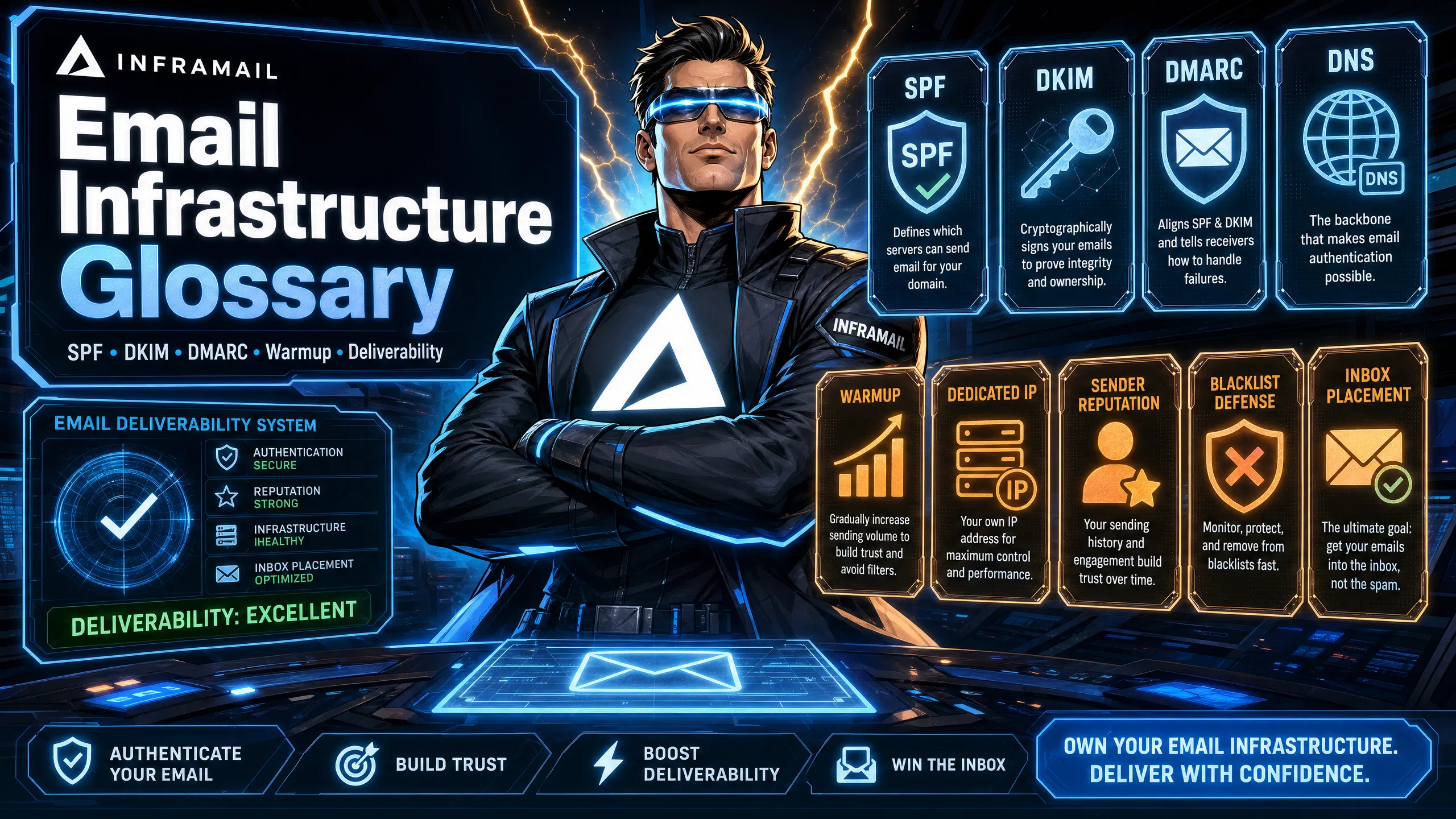 Email infrastructure glossary: SPF, DKIM, DMARC, warmup & deliverability terms