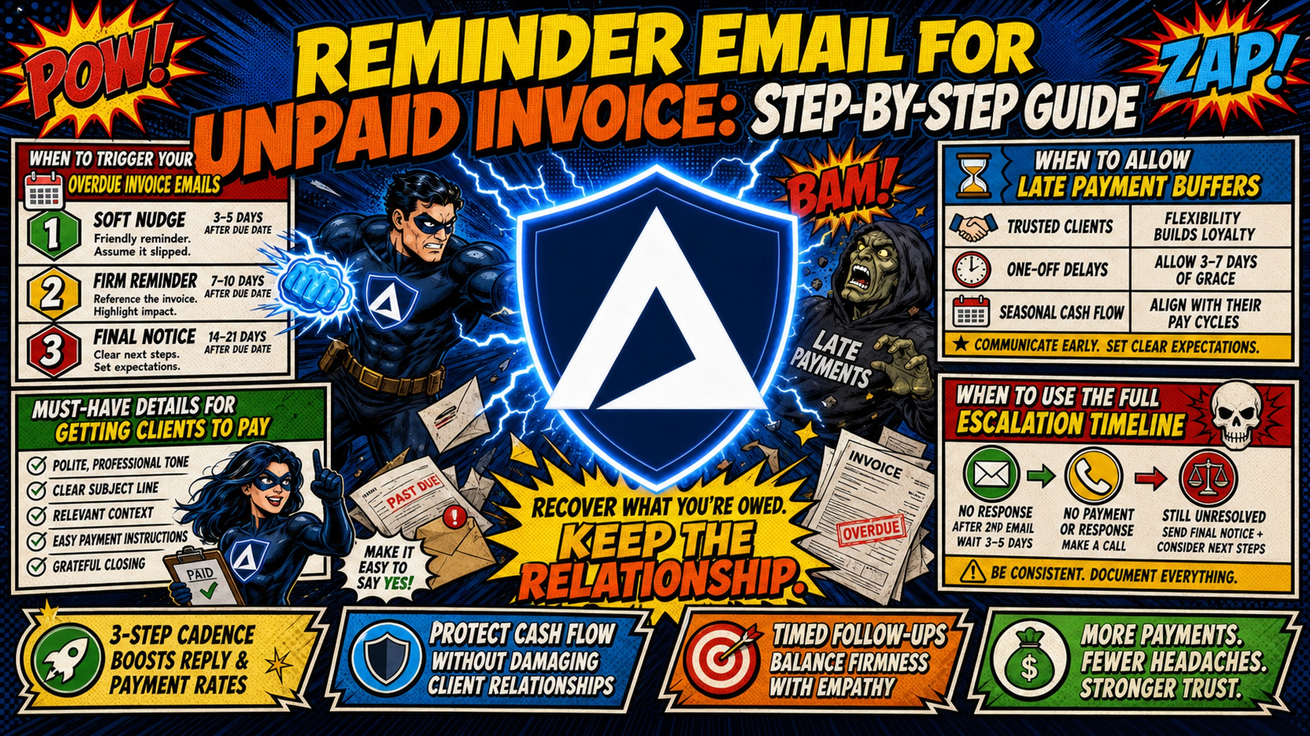 Reminder email for unpaid invoice: step-by-step guide Inframail comic infographic cover